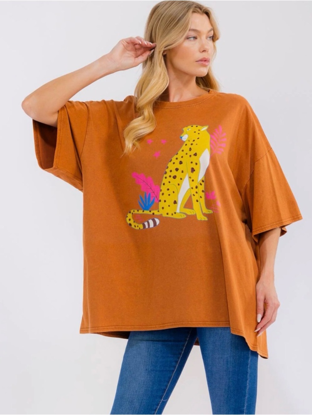 Casual Rust Graphic Leopard Oversized Women's Top